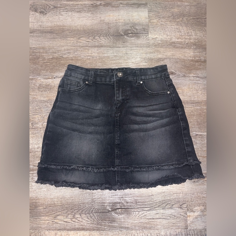 Black Denim Skirt Gem Button Slightly Distressed